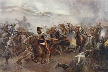 Den lette brigades angrep i slaget ved Balaklava 25. oktober 1854, illustrasjon fra «Britiske slag på land og til sjøs», redigert av Sir Evelyn Wood (1838-1919), 1915